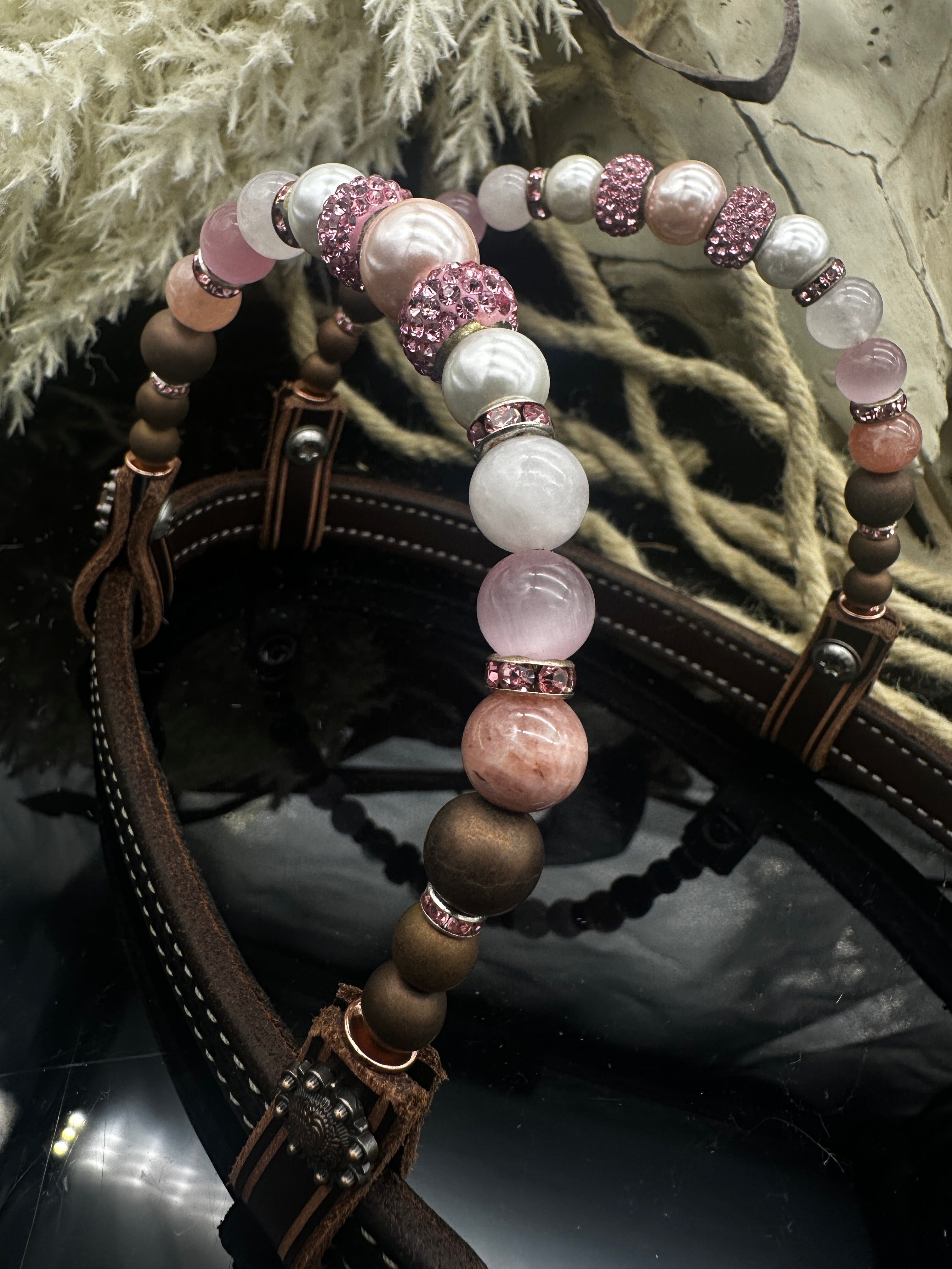 Eye-catcher Dark Chestnut Show Bridle - Pink & Swarovski pearls