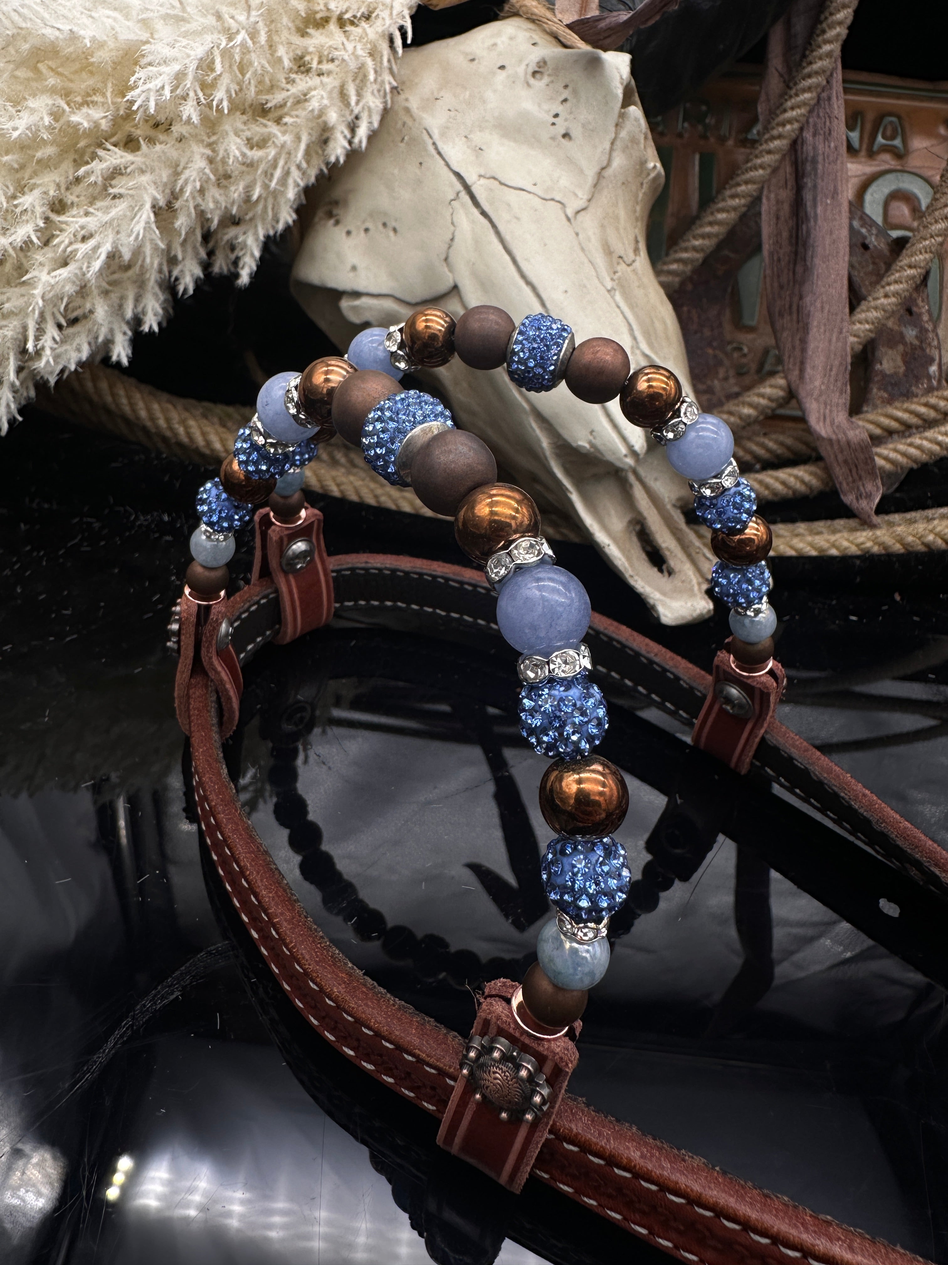 Showzaumzeug – Kastanienbraun | Hellblauer Glanz & Kupferdetails