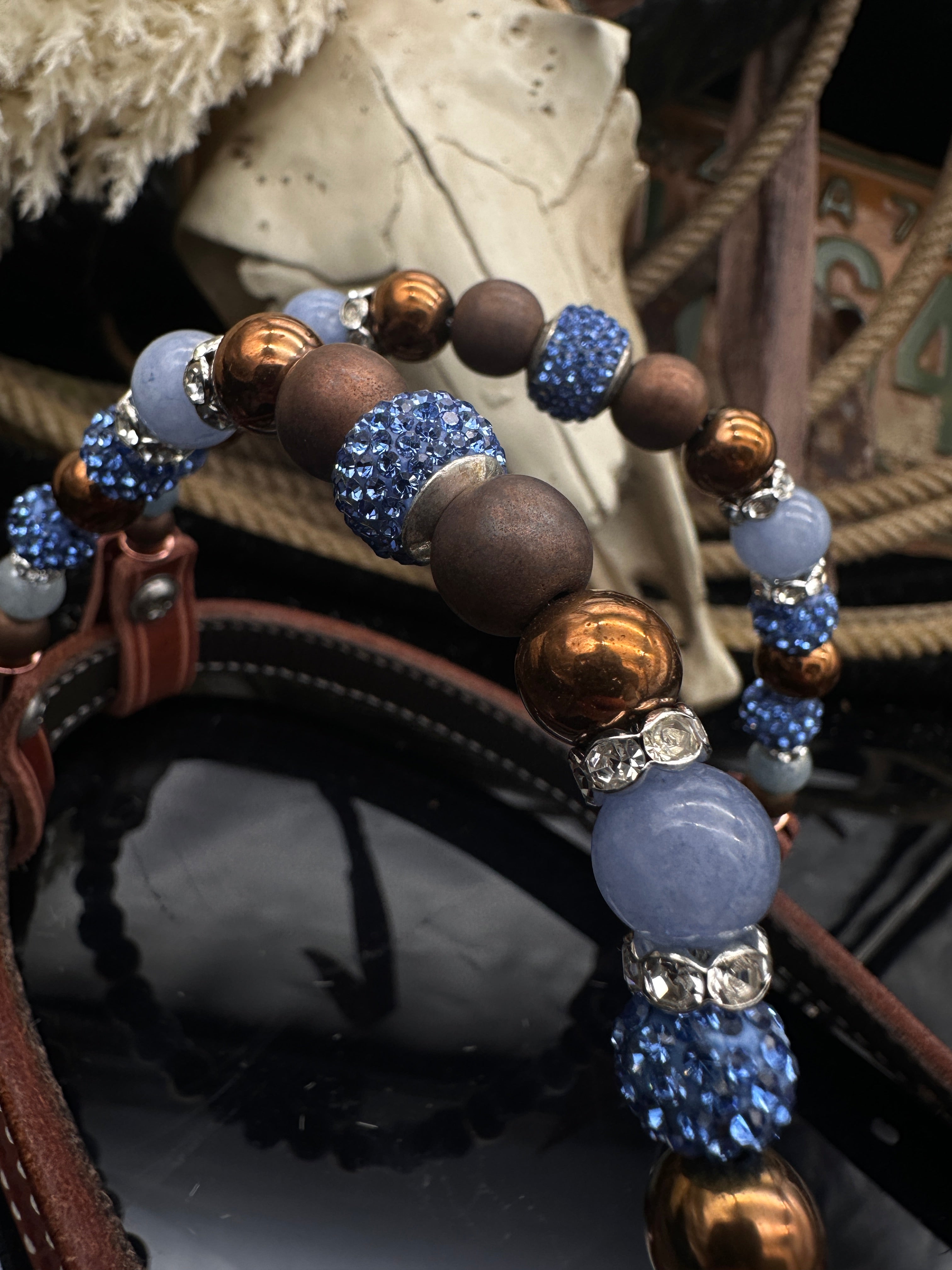 Showzaumzeug – Kastanienbraun | Hellblauer Glanz & Kupferdetails