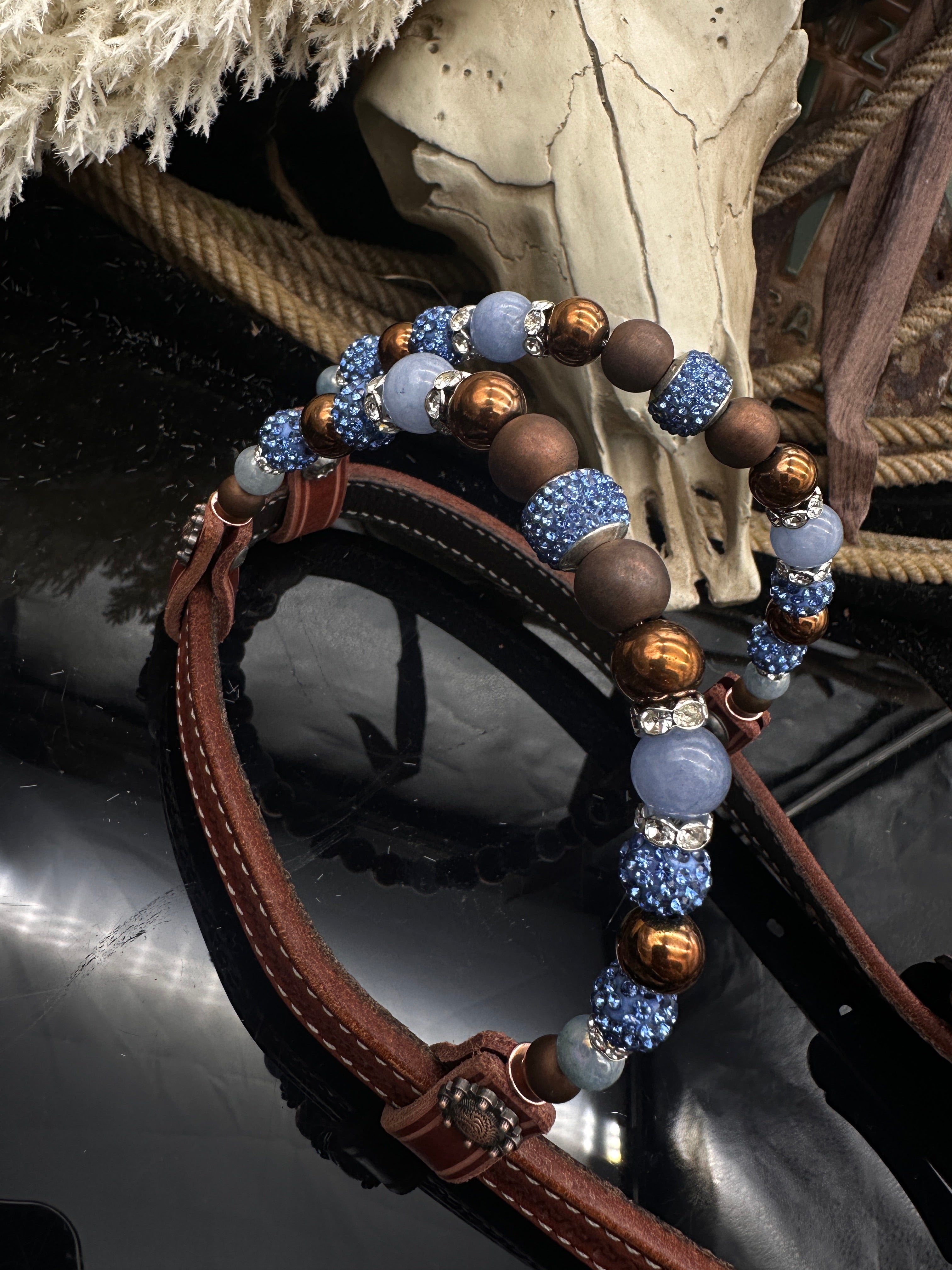 Showzaumzeug – Kastanienbraun | Hellblauer Glanz & Kupferdetails