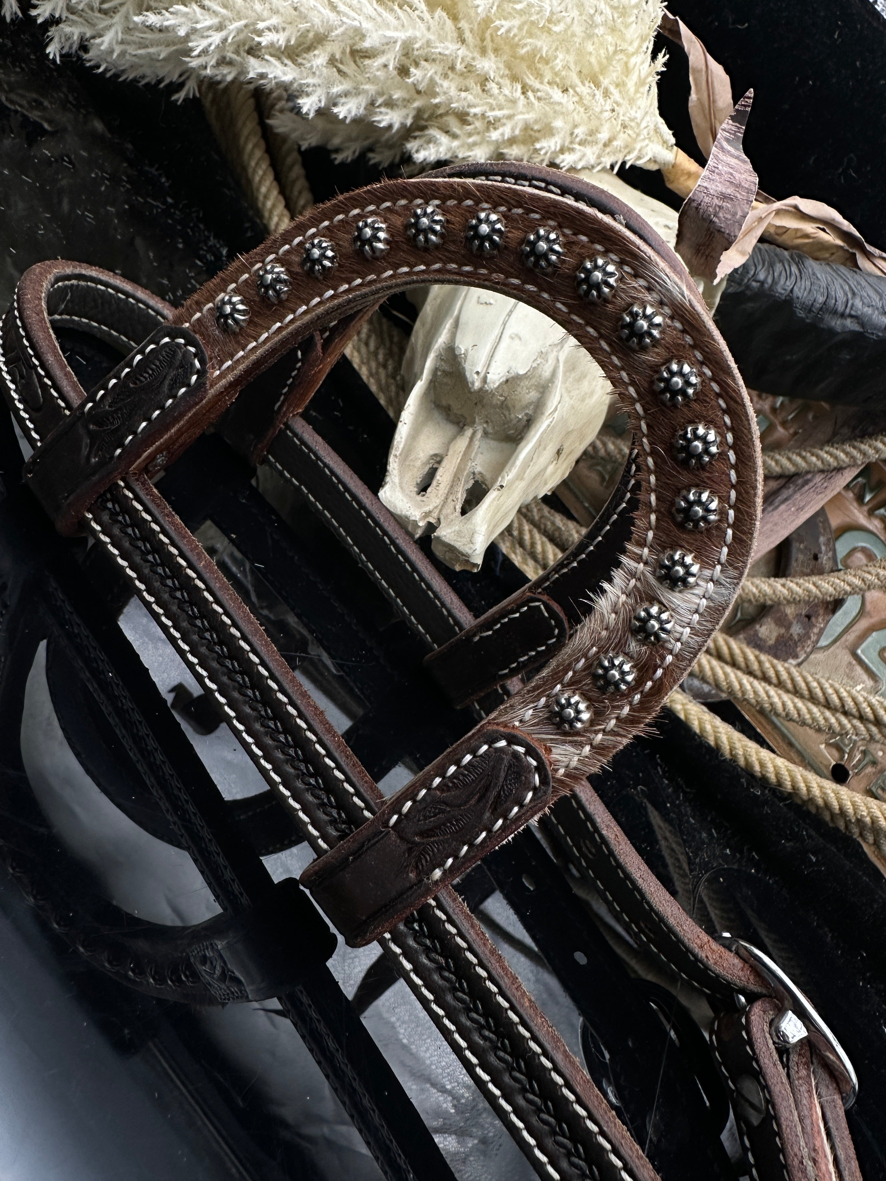 Basic | Dark chestnut | Cowhide studs hoofdstel