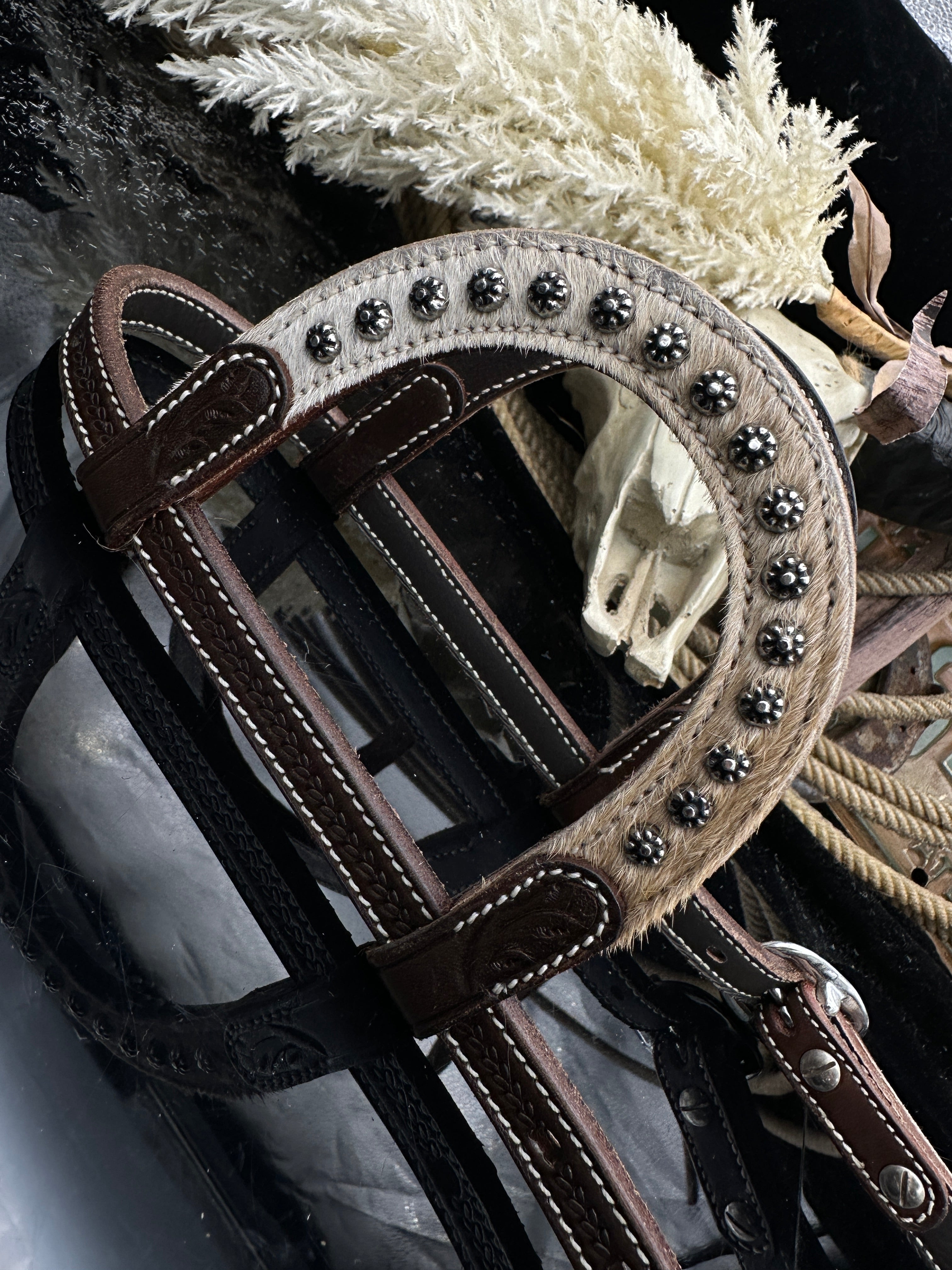 Basic | Dark Chestnut | light Cowhide studs hoofdstel