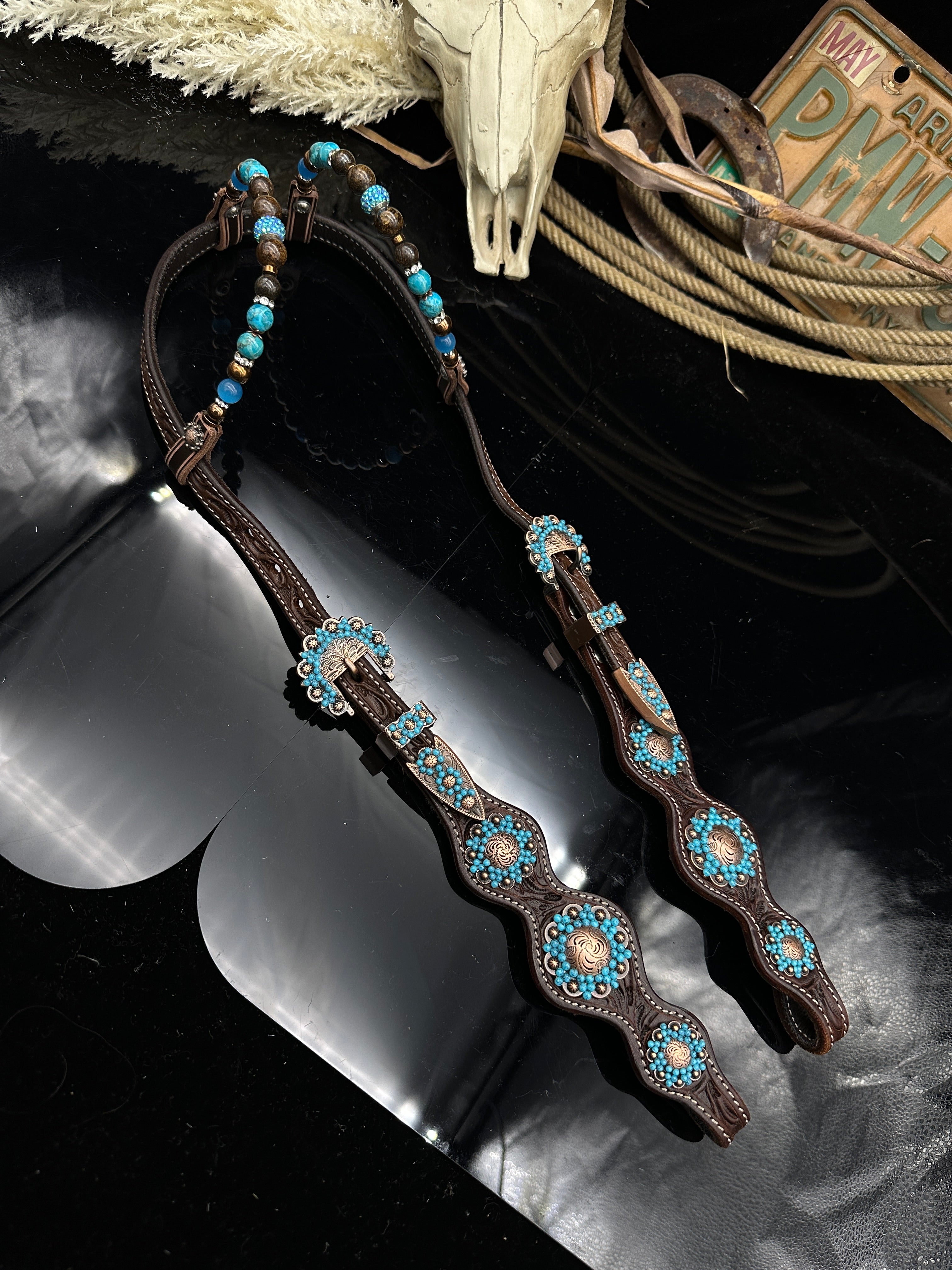 Premium | Dark borwn hoofdstel | Turkoois