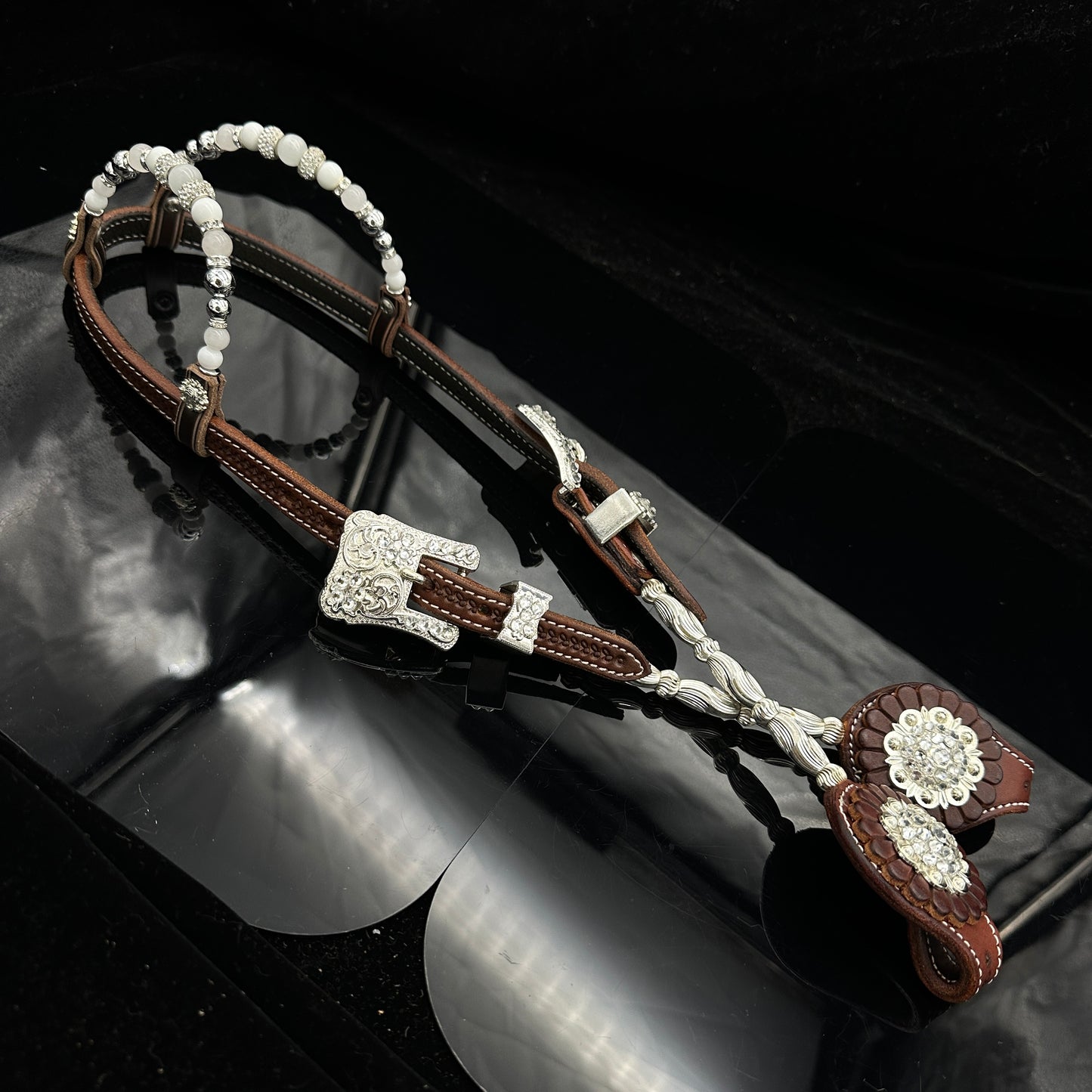 Dark Chestnut double ear hoofdstel - Silver