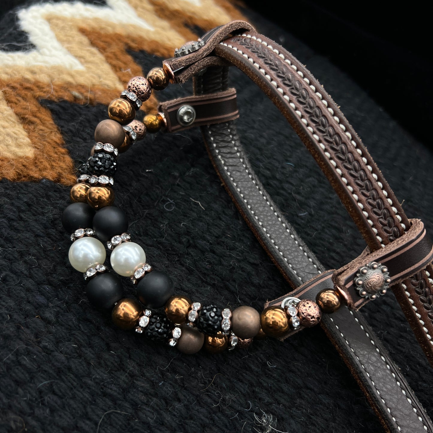Set Pad & Double ear Headstall! Dark Brown  floral tooling  - Copper, Pearl & black