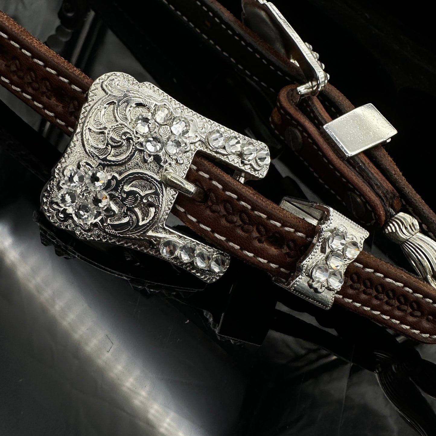 Dark Chestnut double ear hoofdstel - Silver