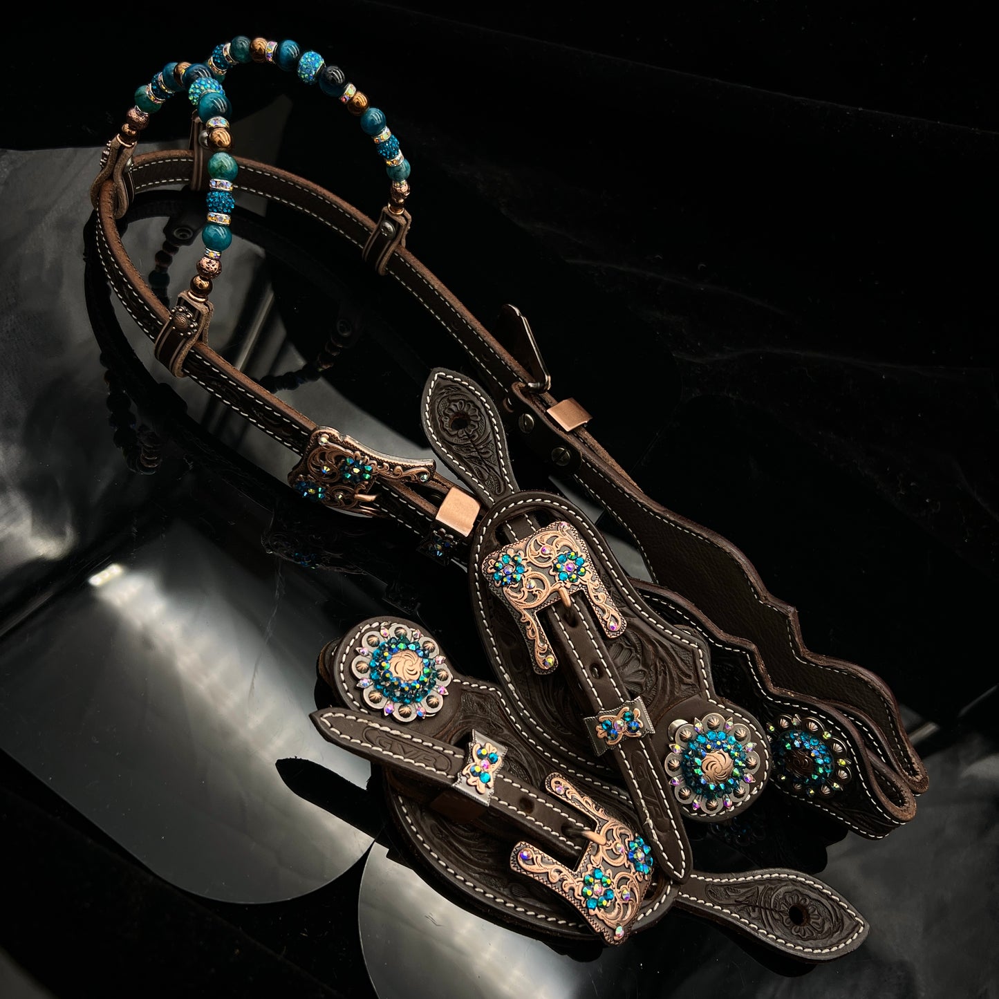 Set spur straps & Double ear Headstall! Dark brown floral - copper & petrol