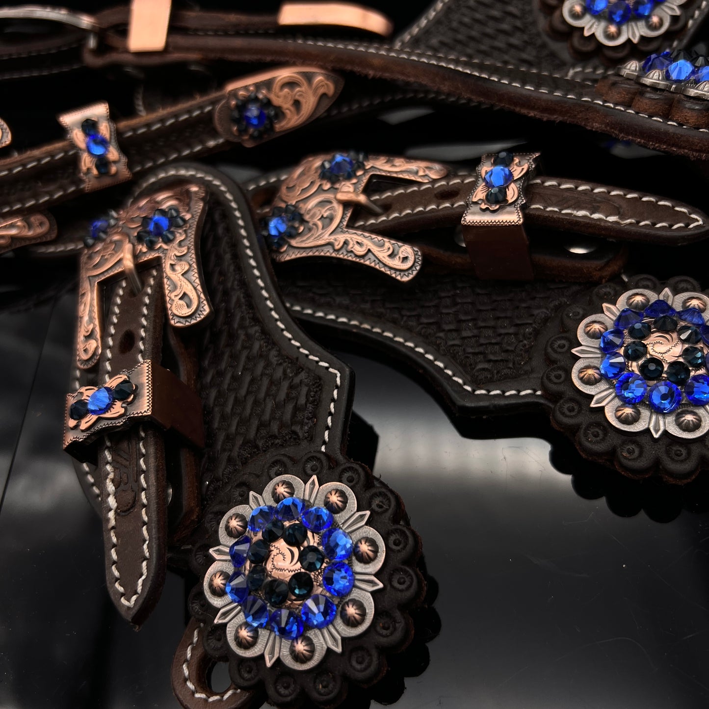 Set spur straps & Double ear Headstall! Dark Brown basket tooling  - Copper & Blue