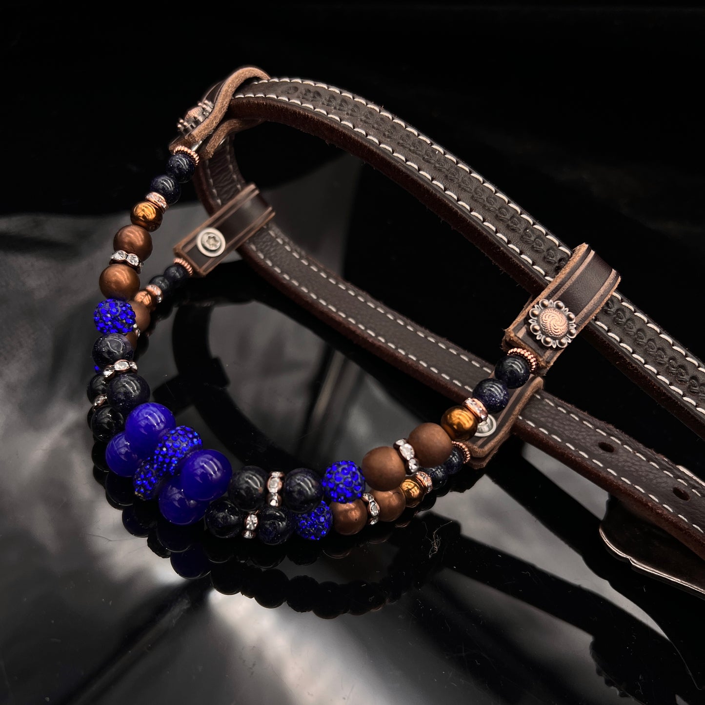 Set spur straps & Double ear Headstall! Dark Brown basket tooling  - Copper & Blue