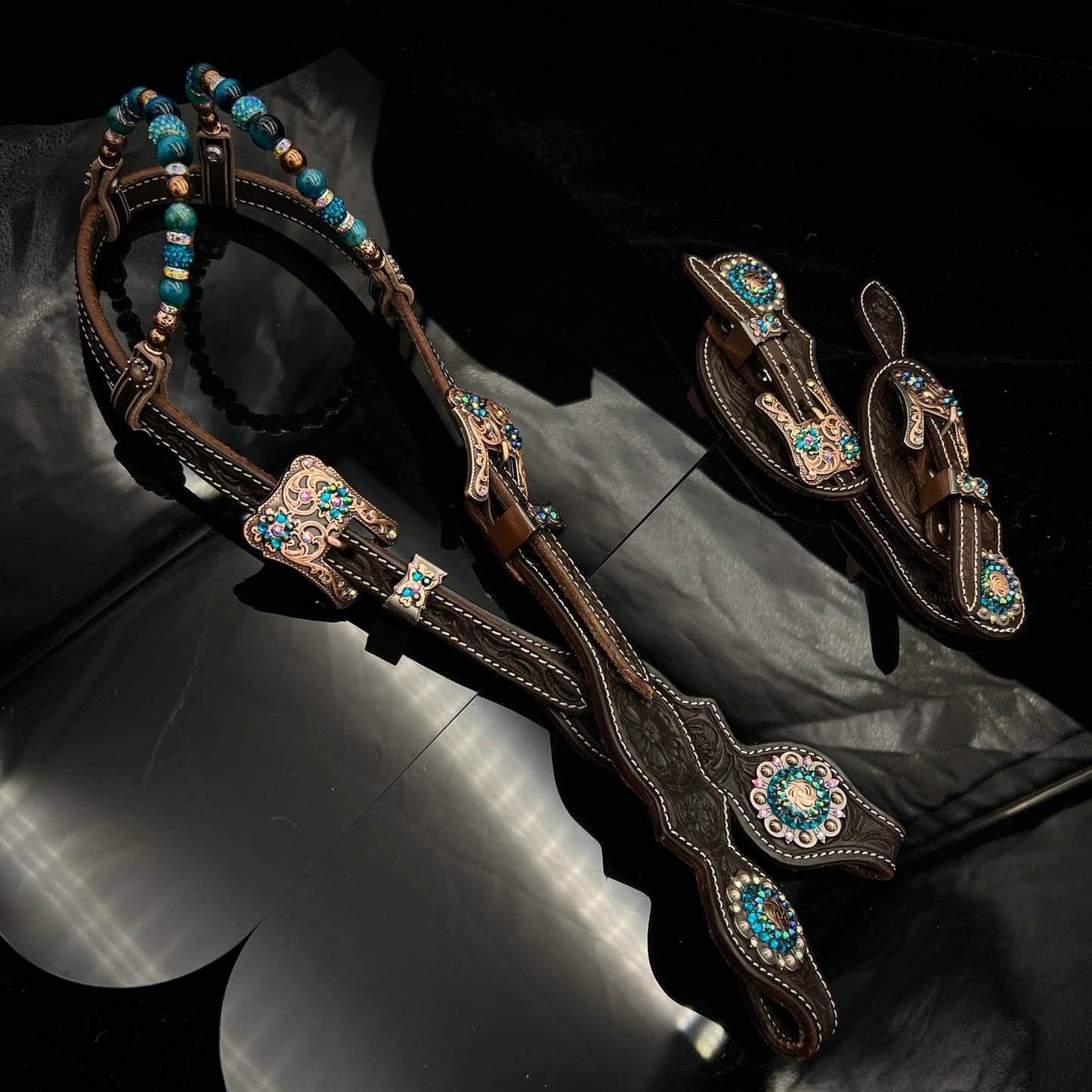 Set spur straps & Double ear Headstall! Dark brown floral - copper & petrol