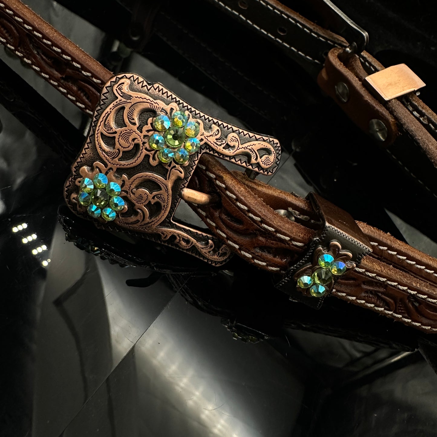 Dark Cestnut floral double ear headstall - Copper & Green