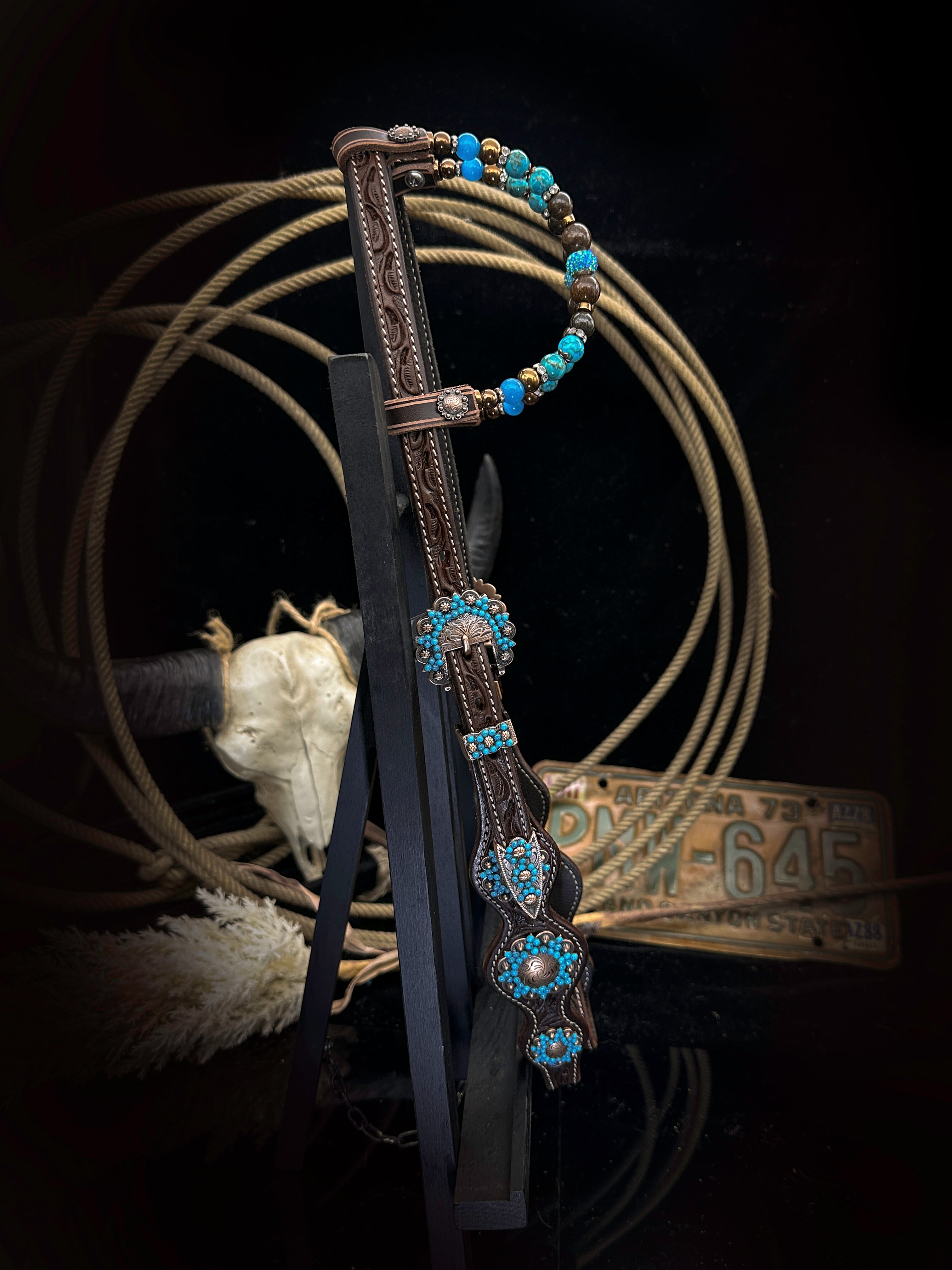 Premium | Dark borwn western hoofdstel | Turkoois