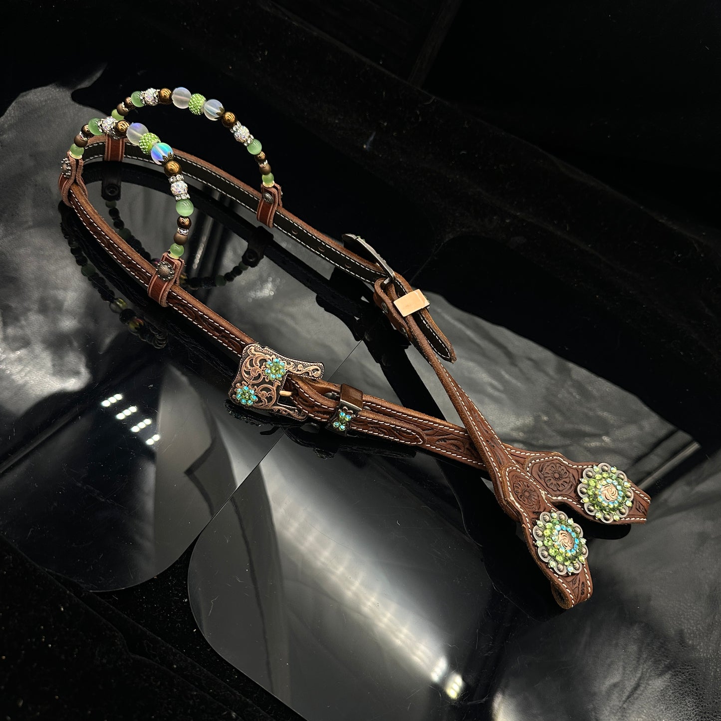 Dark Cestnut floral double ear headstall - Copper & Green