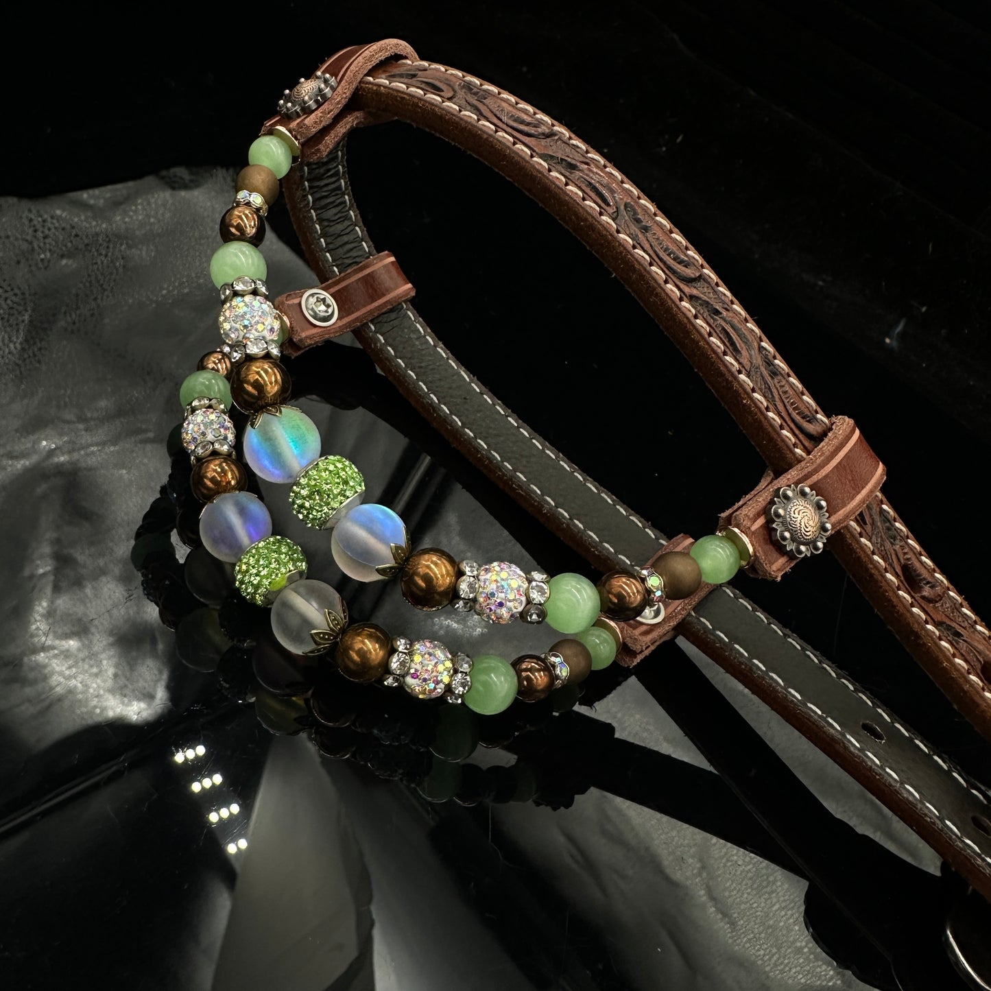 Dark Cestnut floral double ear headstall - Copper & Green