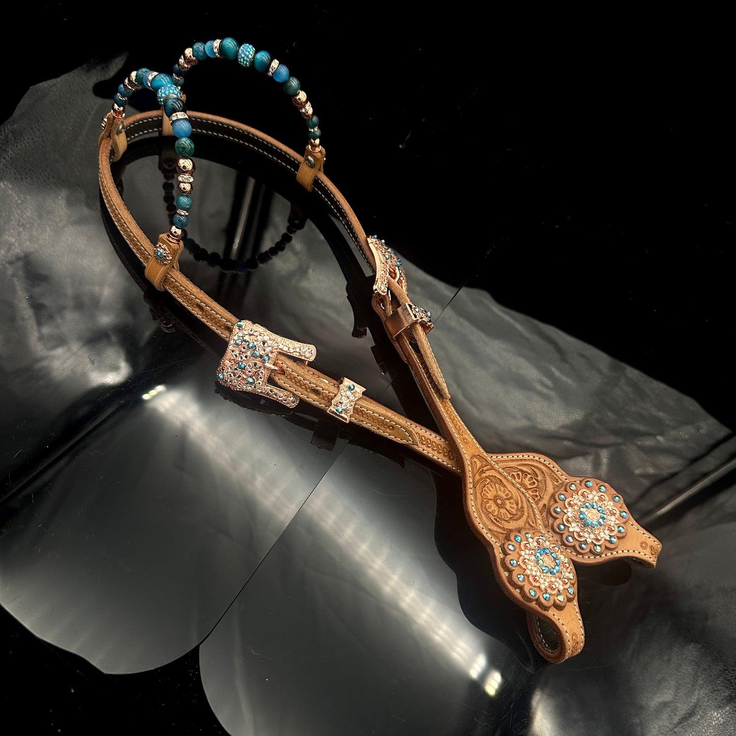 Russet Double ear Headstall - Rose & blue