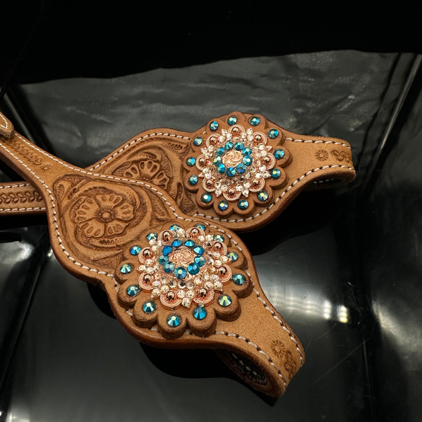 Russet Double ear Headstall - Rose & blue