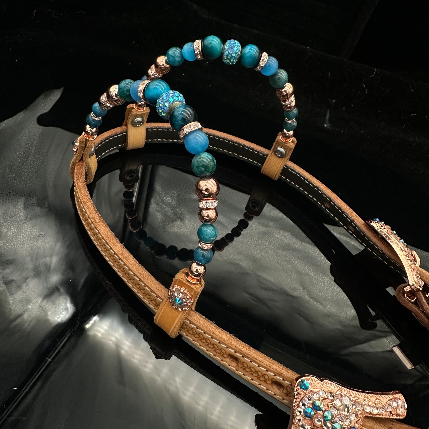 Russet Double ear Headstall - Rose & blue