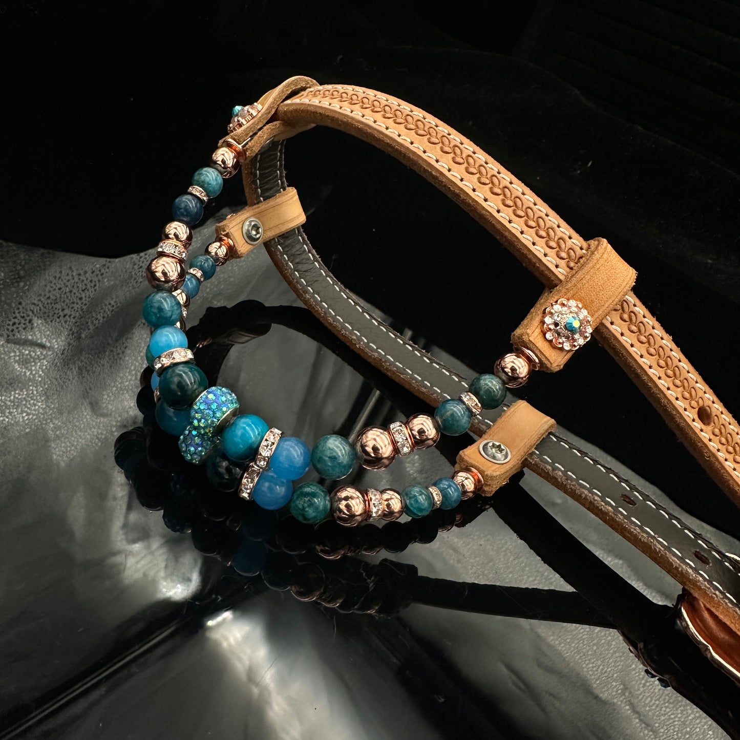 Russet Double ear Headstall - Rose & blue