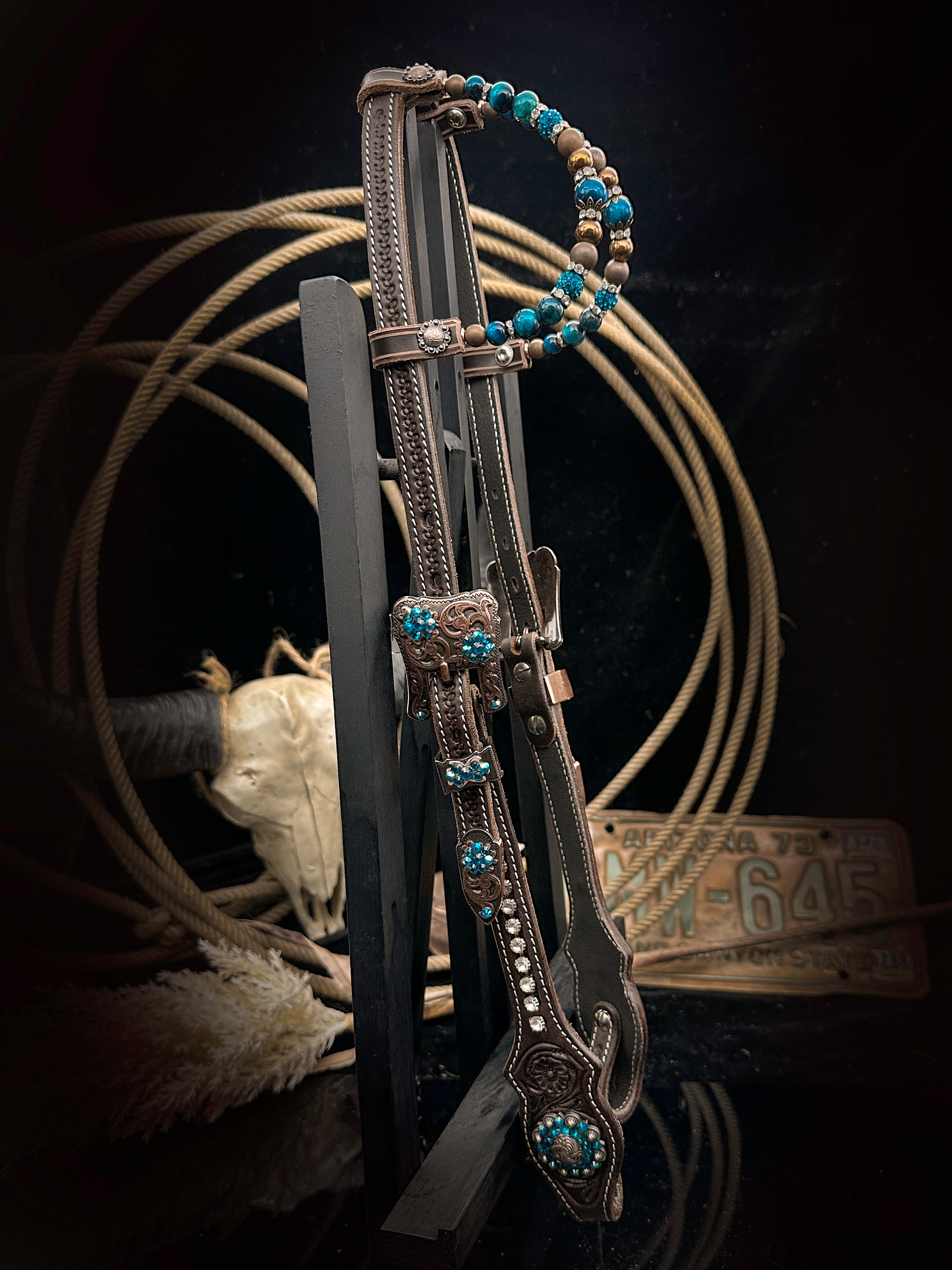 Premium | Dark Brown Show Hoofdstel – | Copper & Teal