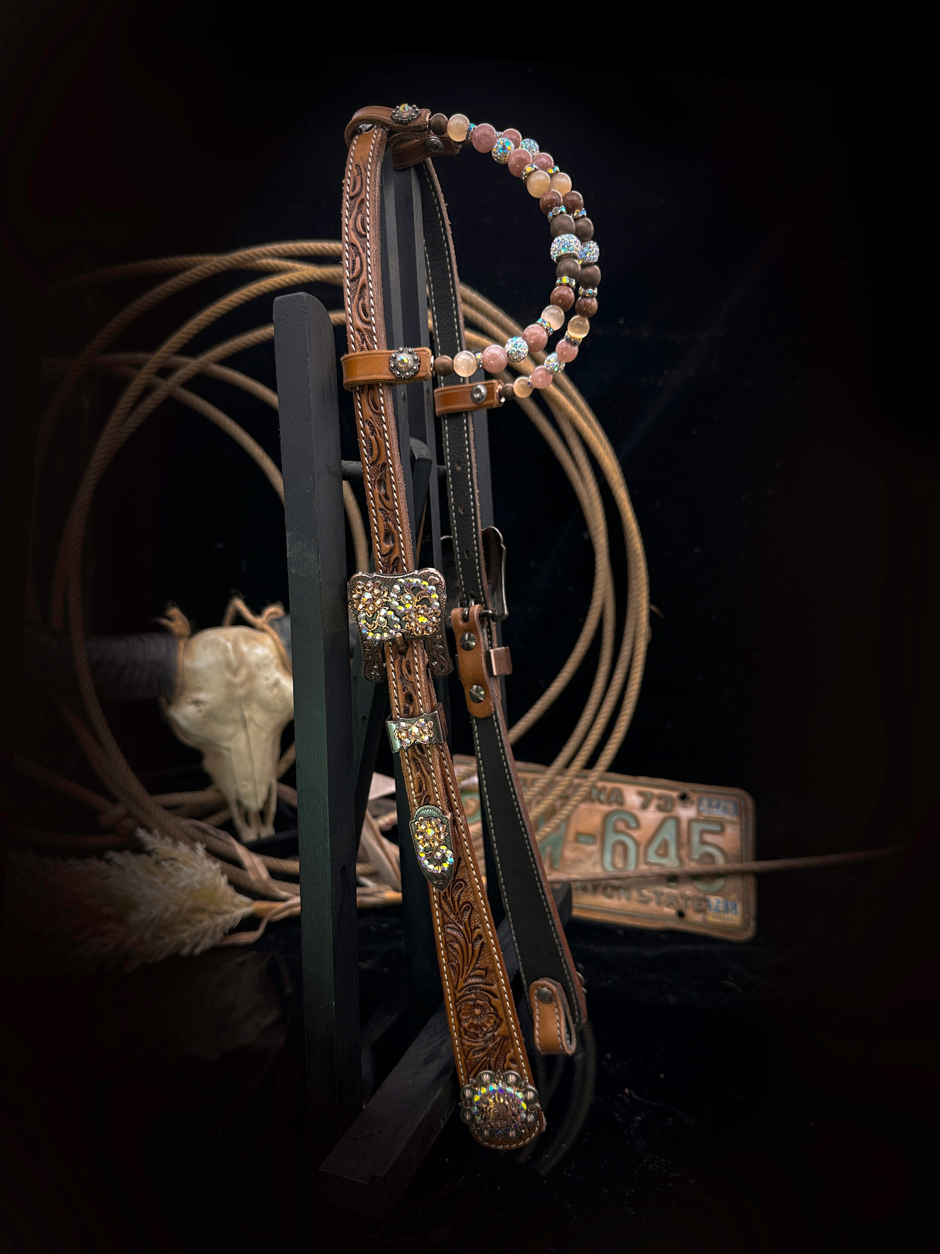 Premium |  Flower tooled western hoofdstel | Copper & Peach