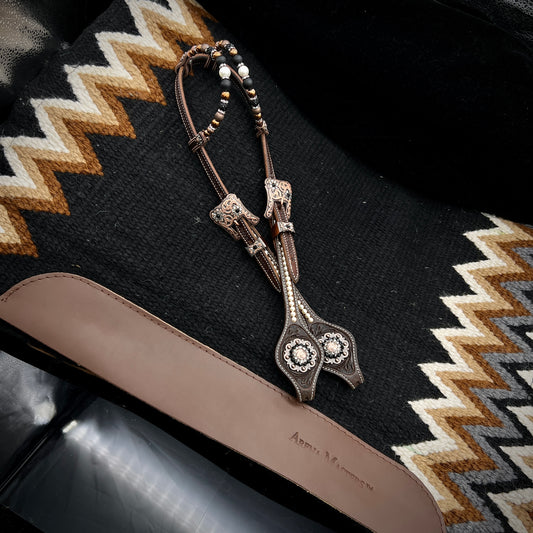 Set Pad & Double ear Headstall! Dark Brown  floral tooling  - Copper, Pearl & black