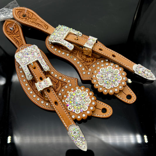 Spur straps Russer floral tooled - Silver & AB crystal