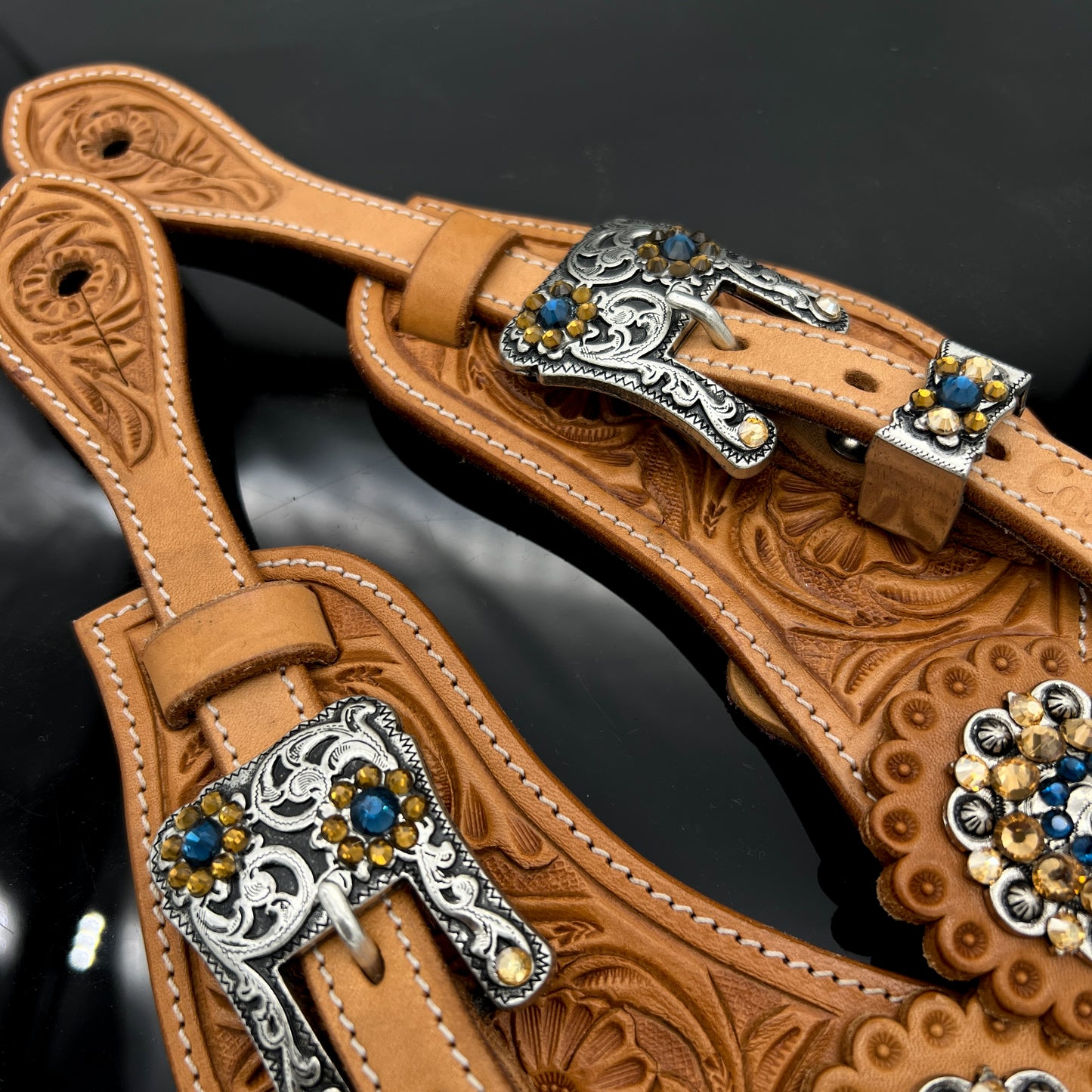 Spur straps floral tooled russet - antique silver, topaz & Montana blue