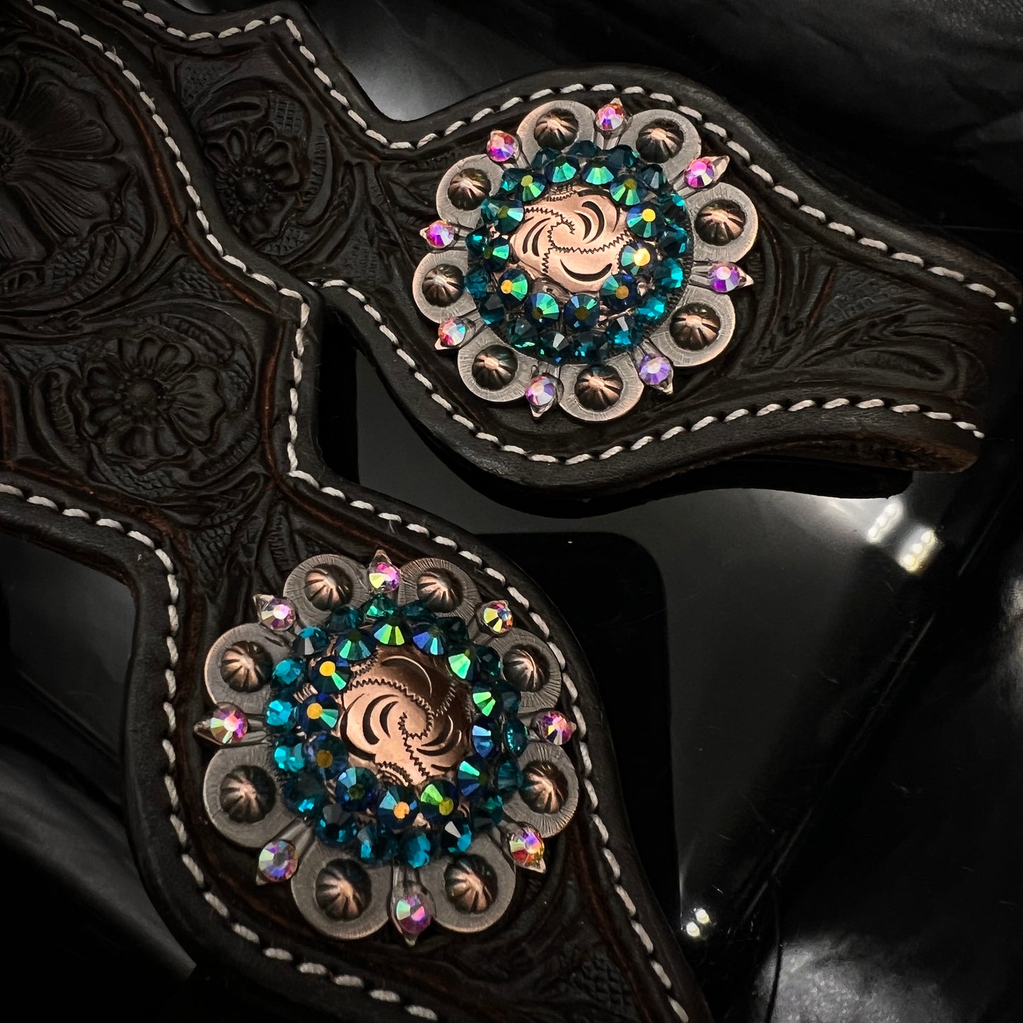 Double ear floral tooled Headstall Dark brown  - copper & petrol