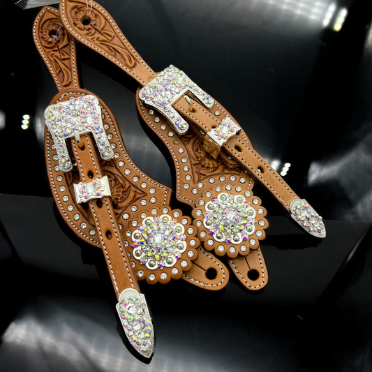 Spur straps Russer floral tooled - Silver & AB crystal